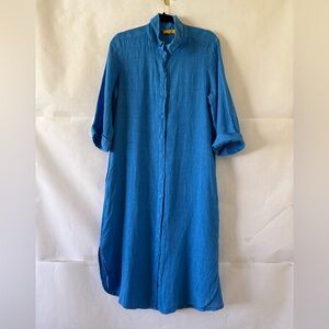Yellow Label Blue Linen Midi Shirt Dress Size S Button Front 3/4 Sleeve Coastal